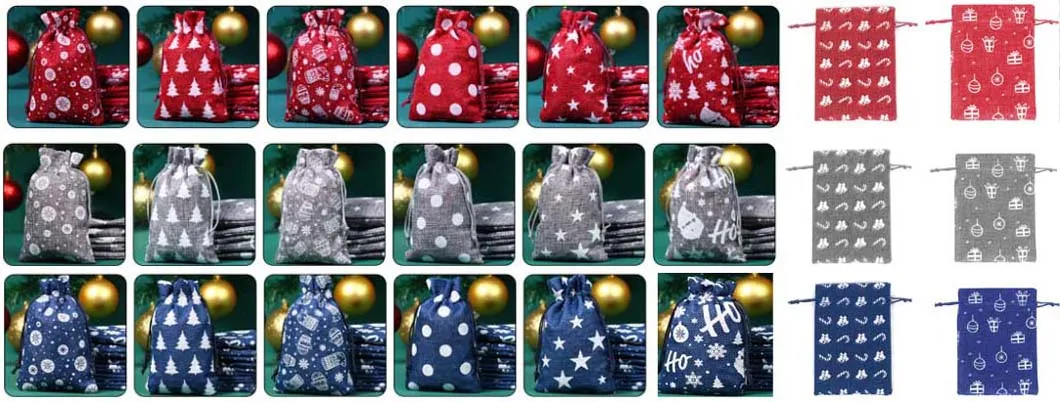 Saco promocional de juta e linho impresso personalizado com estrelas e flocos de neve para embalagem de presente de Natal