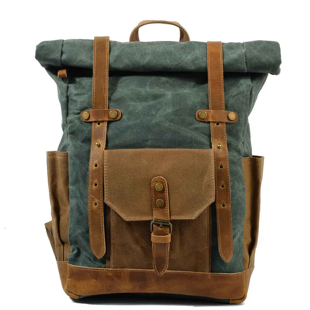 Mochila de viagem em lona à prova d'água com cor retro contrastante e cera, com grande capacidade