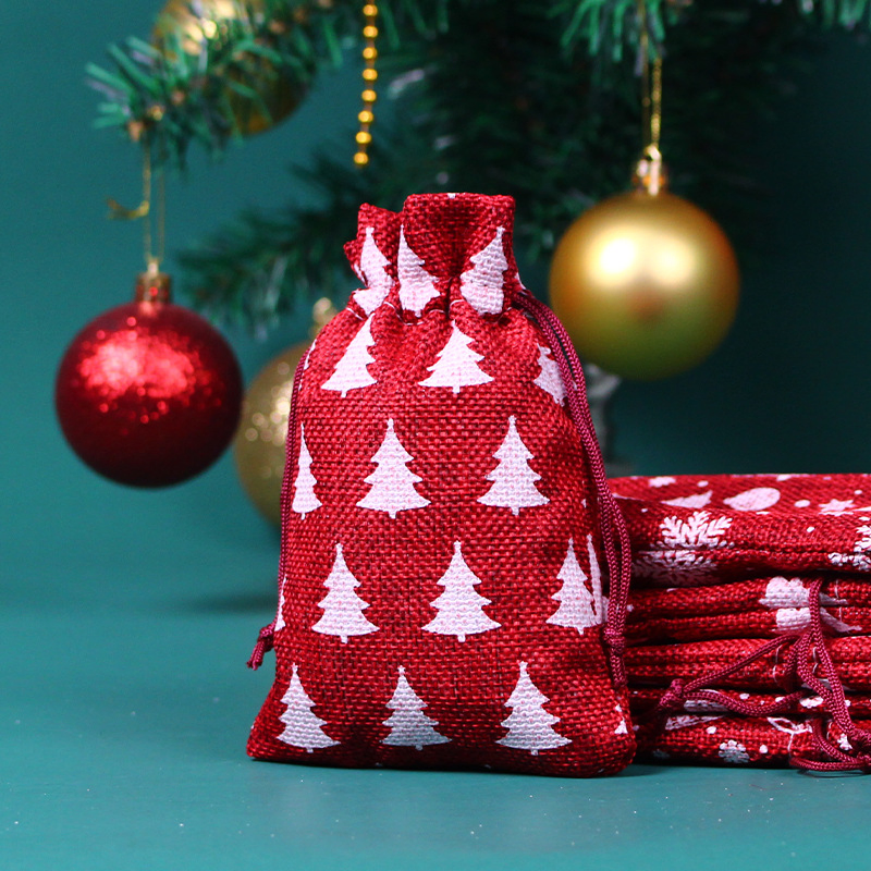Saco promocional de juta e linho impresso personalizado com estrelas e flocos de neve para embalagem de presente de Natal