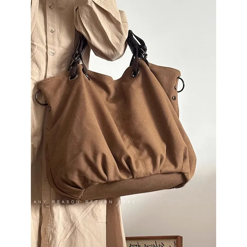 Bolsa Tote Hobo de Lona Lavada Vintage com Cordão para Mulheres