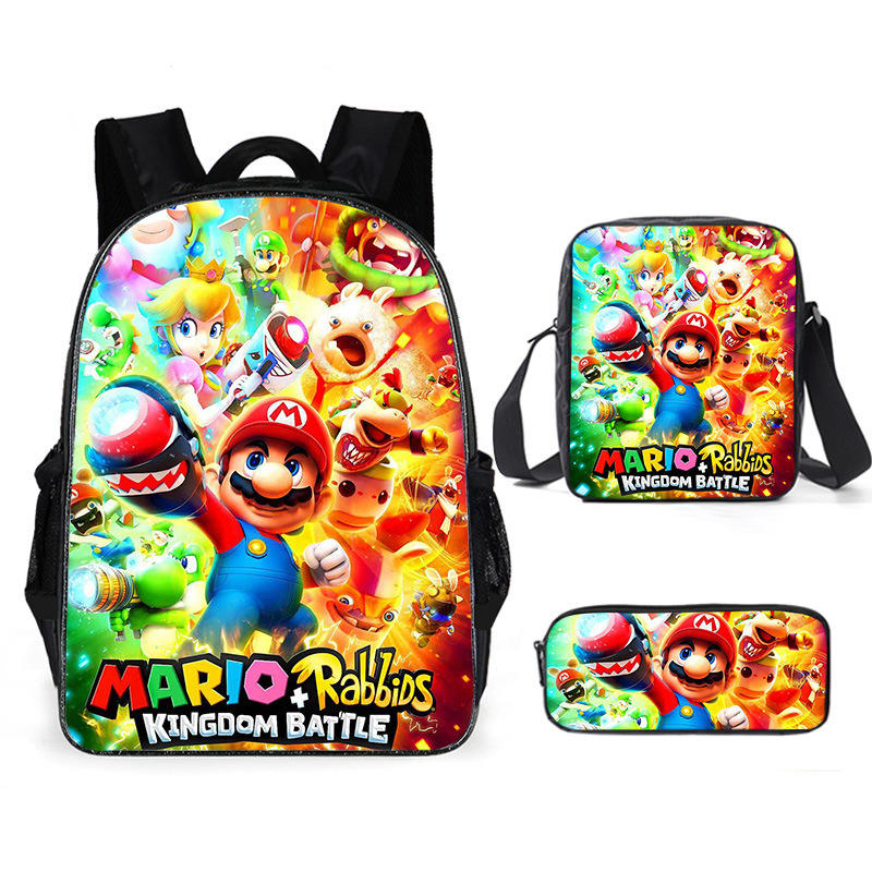 Conjunto de Mochila Escolar Mario Mini Cartoon Três Peças Conjunto de Mochila Escolar e Bolsa de Almoço para Crianças Estudantes Conjunto de Bolsas Escolares