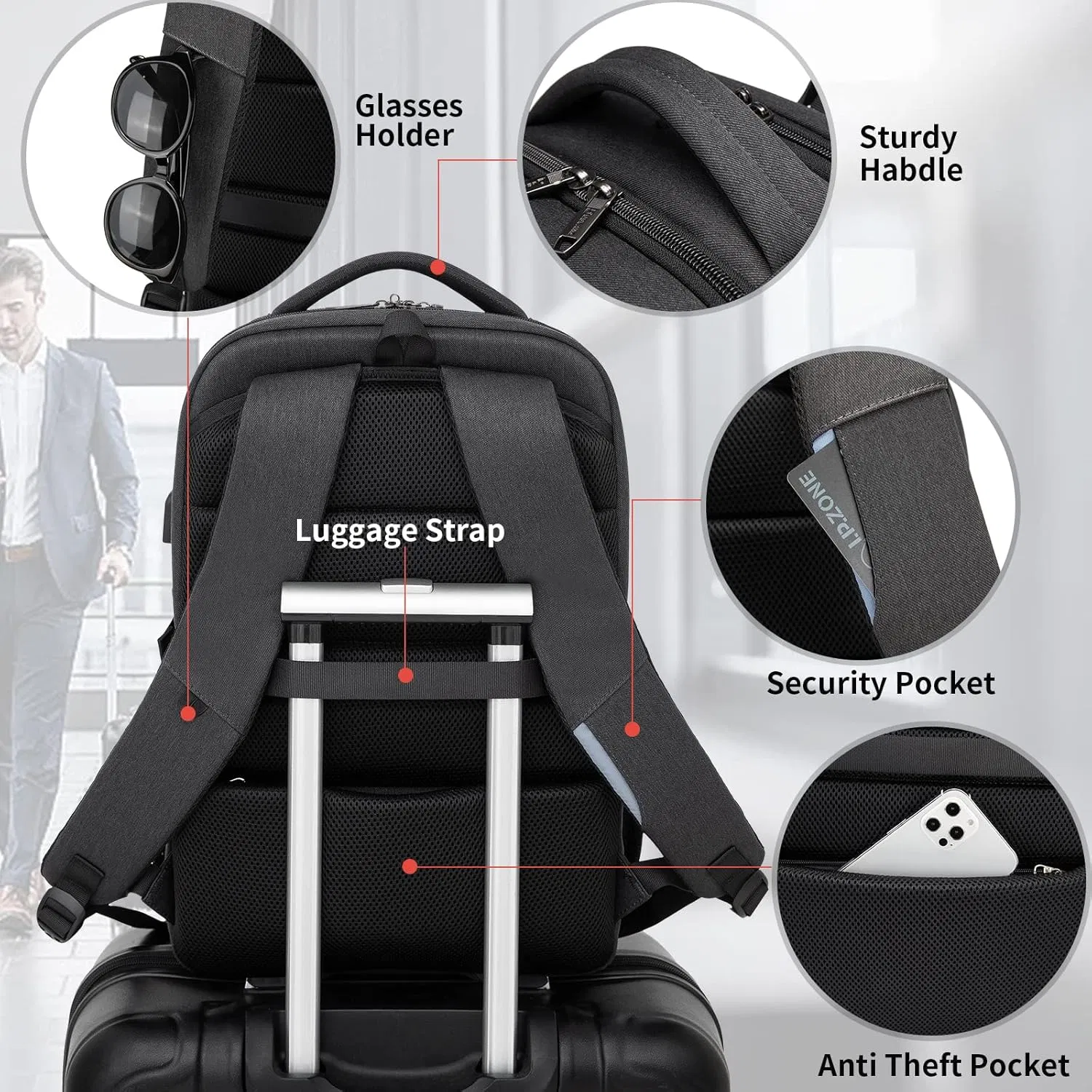 Mochila para laptop, viagem de negócios, bolsa para computador universitário com porta de carregamento USB