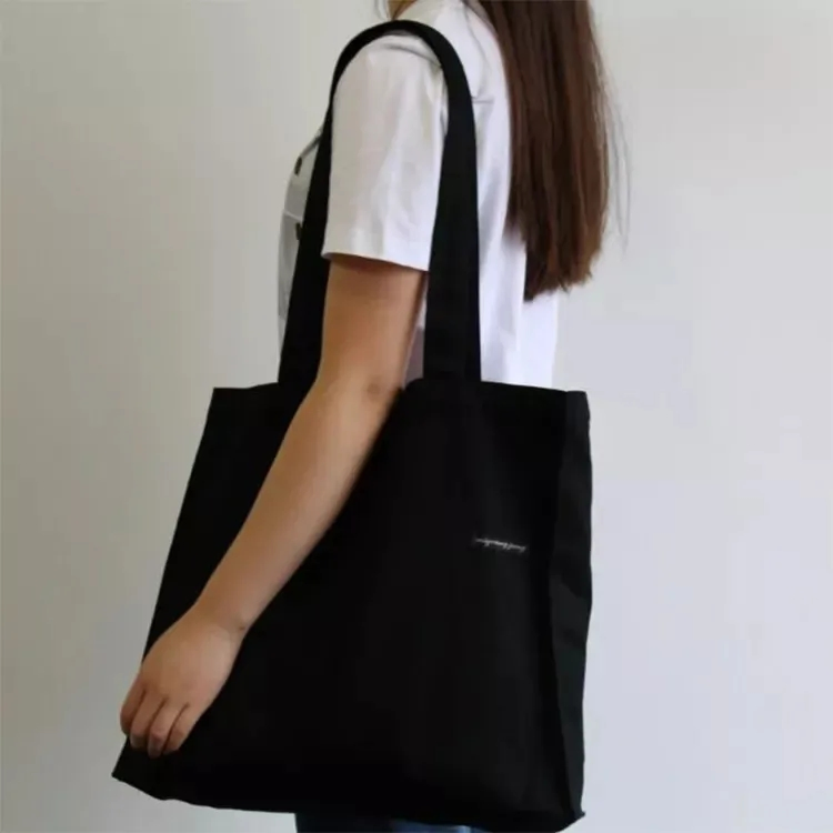 Saco de compras reutilizável de tecido de lona preto personalizado e barato para atacado