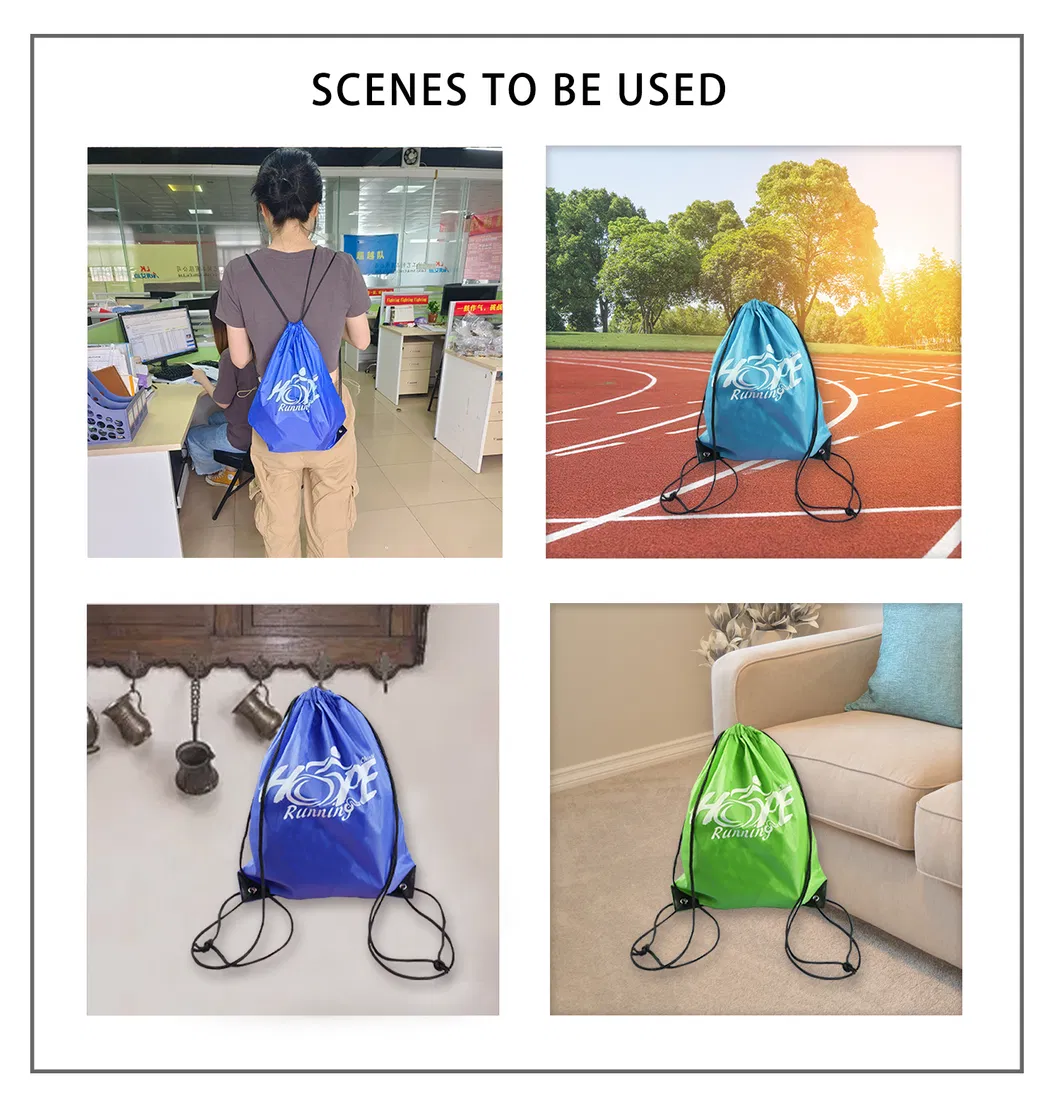 Mochila de cordão de poliéster impermeável promocional, sacos de cordão para esportes com logotipo personalizado