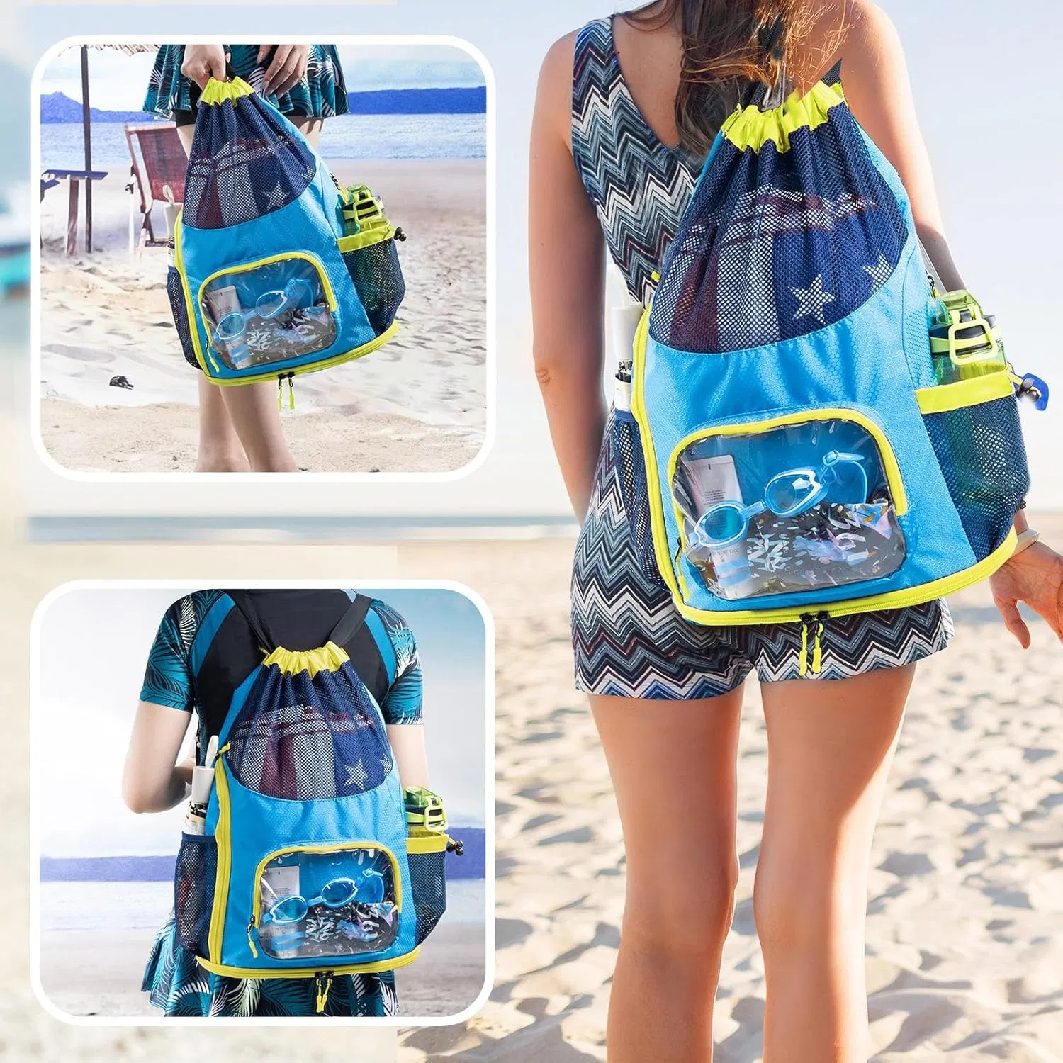 Bolsa de Praia à Prova de Areia de Grande Capacidade com Compartimento para Sapatos, Mochila com Cordão, Bolsa de Praia Impermeável