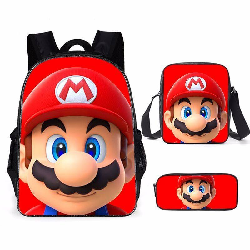 Conjunto de Mochila Escolar Mario Mini Cartoon Três Peças Conjunto de Mochila Escolar e Bolsa de Almoço para Crianças Estudantes Conjunto de Bolsas Escolares