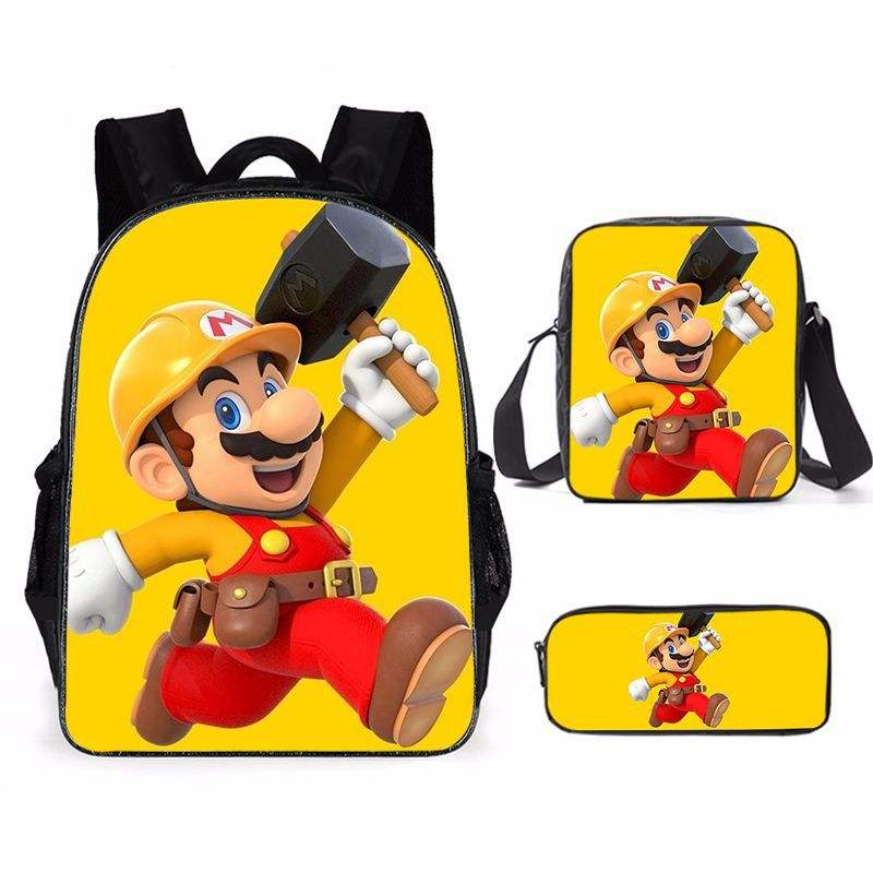 Conjunto de Mochila Escolar Mario Mini Cartoon Três Peças Conjunto de Mochila Escolar e Bolsa de Almoço para Crianças Estudantes Conjunto de Bolsas Escolares