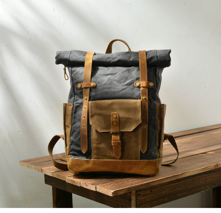 Mochila de viagem em lona à prova d'água com cor retro contrastante e cera, com grande capacidade