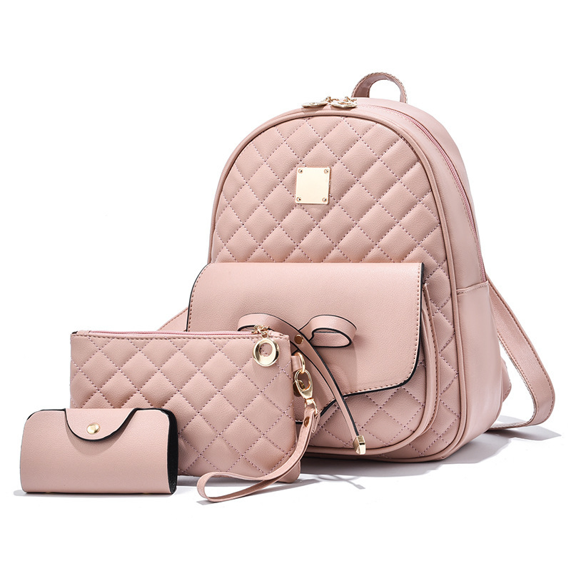 Mochila Feminina com Laço Fofa 3-in-1 Conjunto com Mini Bolsa e Porta Cartões Ajustável