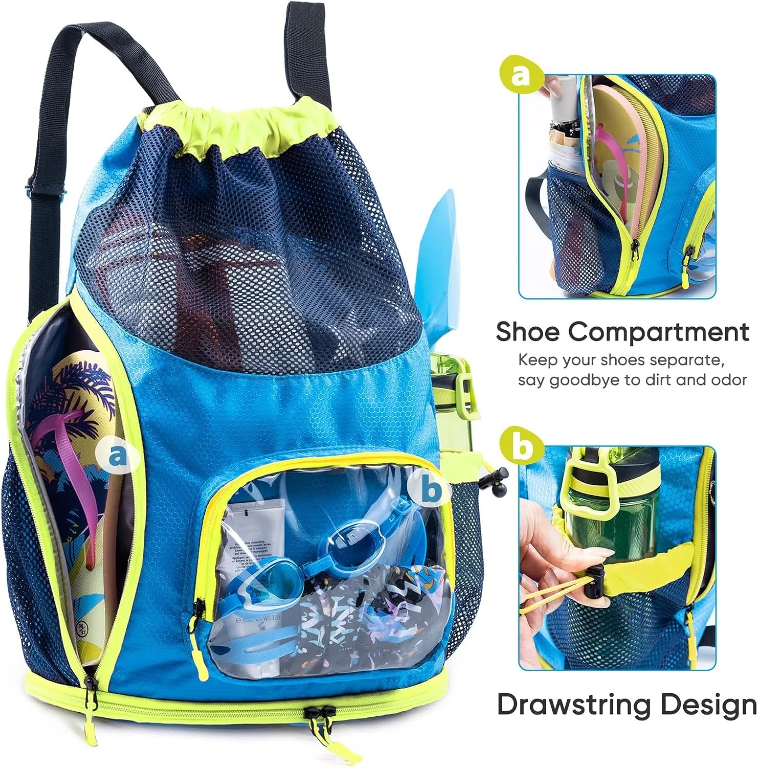 Bolsa de Praia à Prova de Areia de Grande Capacidade com Compartimento para Sapatos, Mochila com Cordão, Bolsa de Praia Impermeável