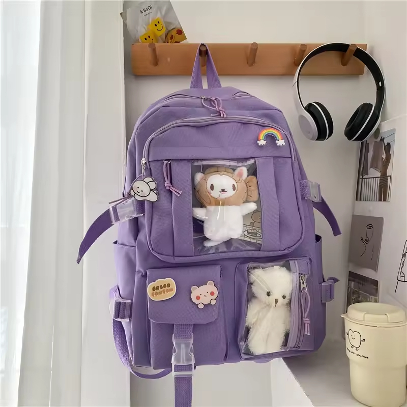 Mochila Kawaii Mochila Fofa para Menina Adolescente Mochila Escolar para Crianças Mochila de Viagem Grande Capacidade Mochila Escolar Estética de Lona