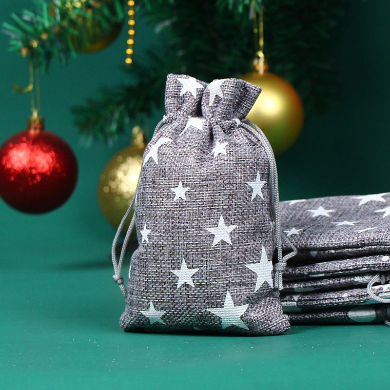 Saco promocional de juta e linho impresso personalizado com estrelas e flocos de neve para embalagem de presente de Natal