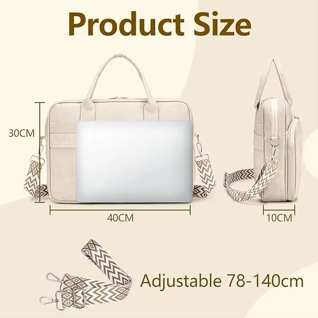 Bolsa de Laptop de Couro para Mulheres, Impermeável, Pasta de Trabalho Elegante, Bolsa Mensageiro para Computador com Alça de Ombro Ajustável