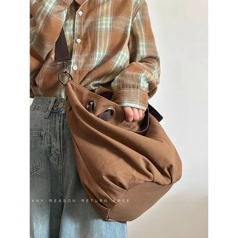 Bolsa Tote Hobo de Lona Lavada Vintage com Cordão para Mulheres