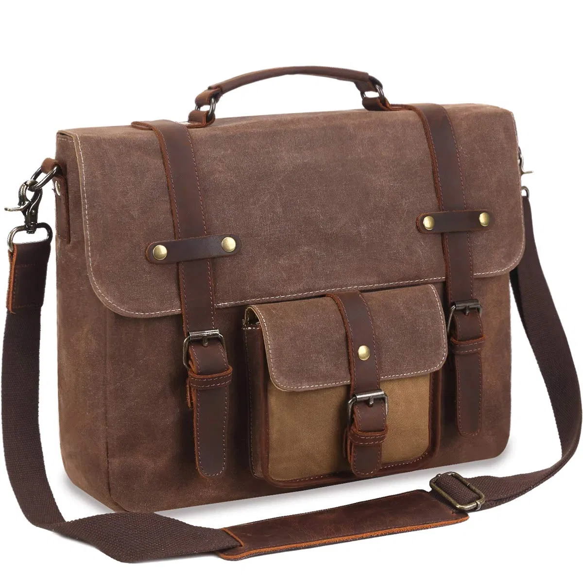 Bolsa de Ombro de Couro Vintage Impermeável em Lona encerada para Negócios, Pasta para Laptop, Mensageiro