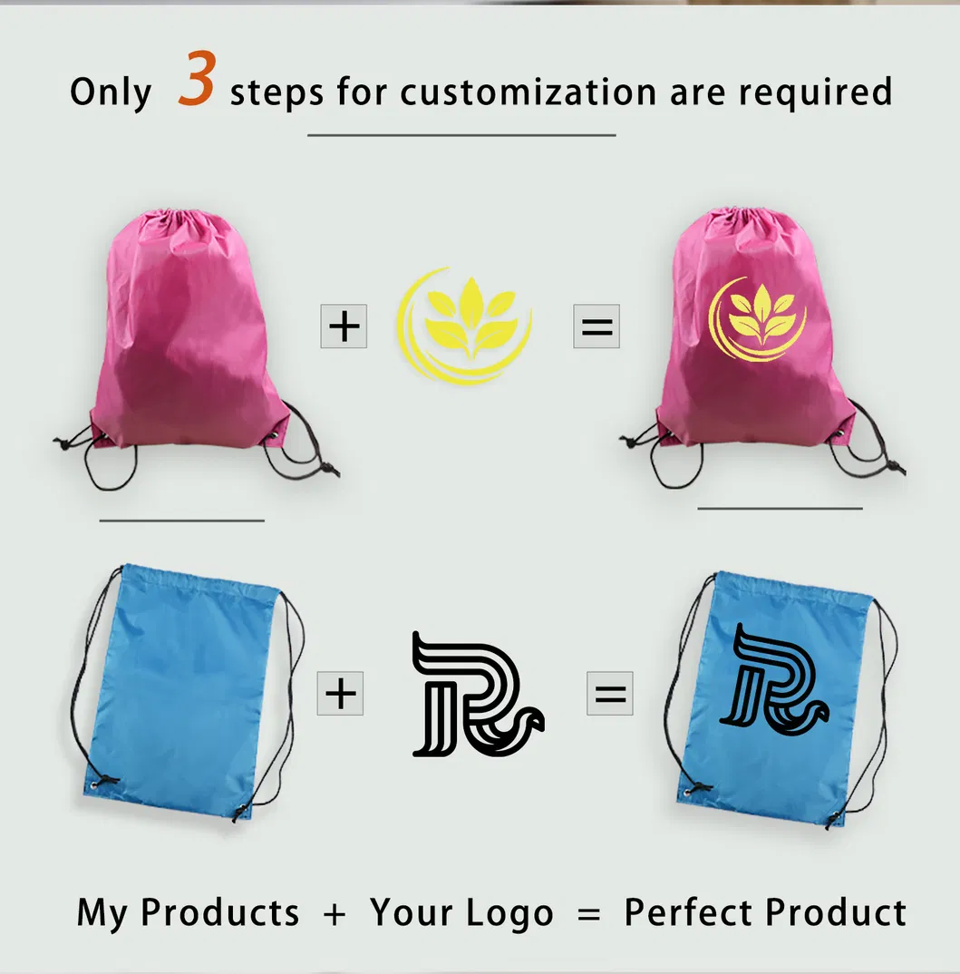 Mochila de cordão de poliéster impermeável promocional, sacos de cordão para esportes com logotipo personalizado