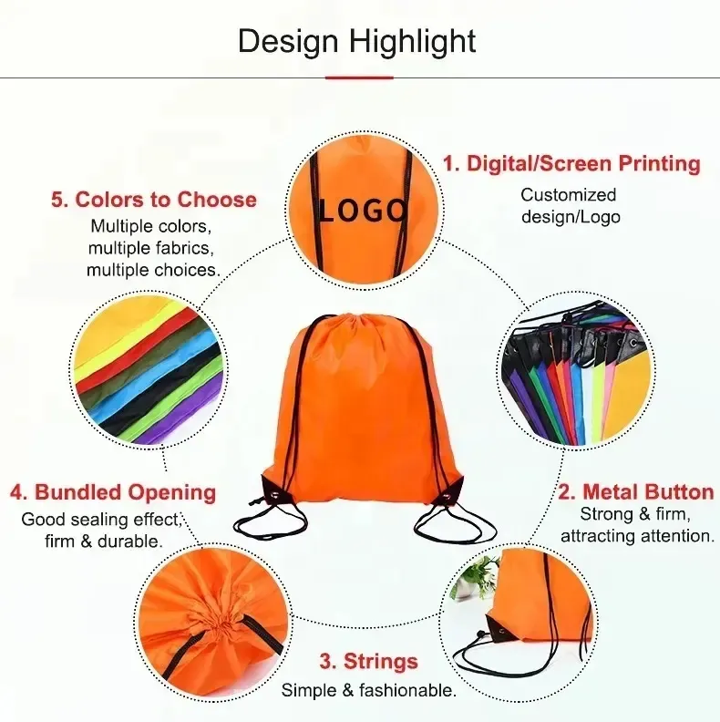 Mochila Colorida com Cordão em Nylon e Poliéster para Academia e Viagens