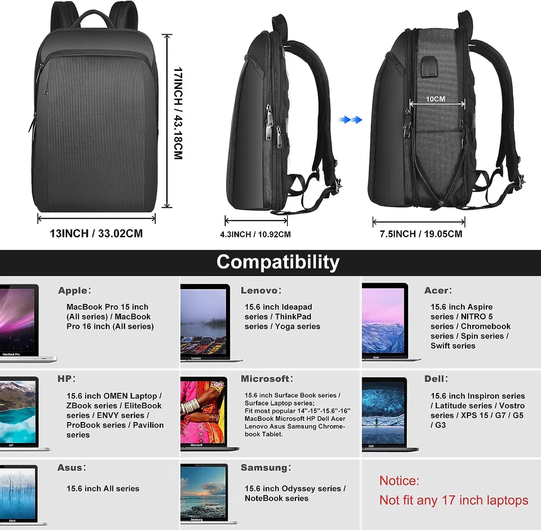 15" Mochila Slim Antifurto para Negócios Masculinos e Femininos para Viagem e Notebook