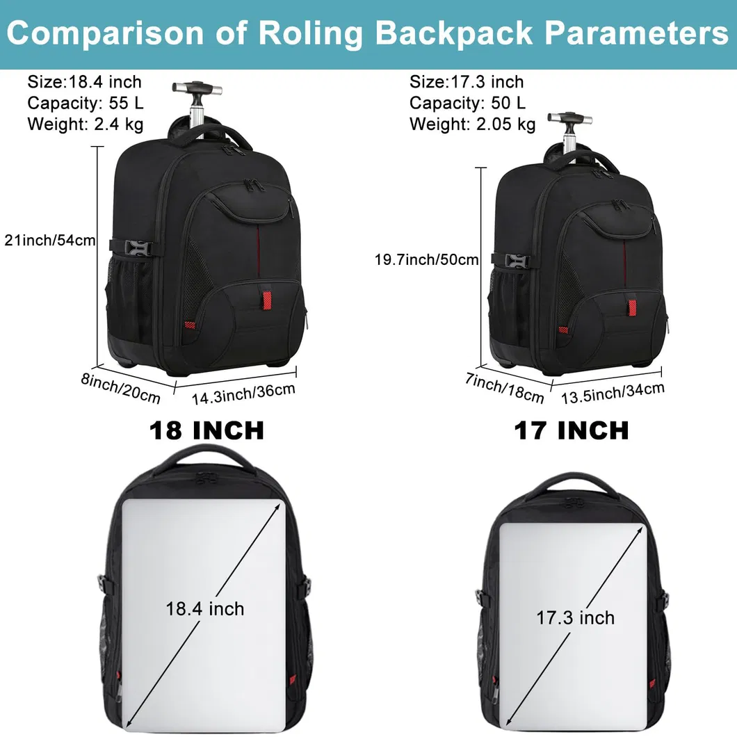 Mochila de viagem com rodas à prova d'água para laptop, bagagem de mão, mala de trolley