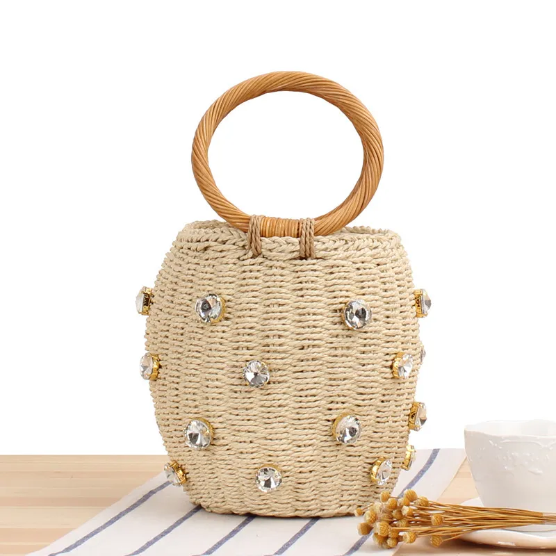 Bolsa Clutch de Ráfia Crochê em Formato de Balde, Bolsa de Palha, Bolsa de Praia em Macramê Feita à Mão