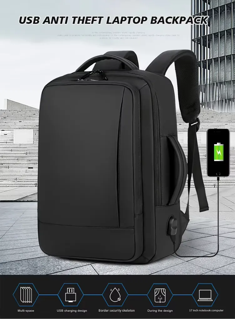 Mochila moderna expansível à prova d'água de grande capacidade com carregamento USB para homens