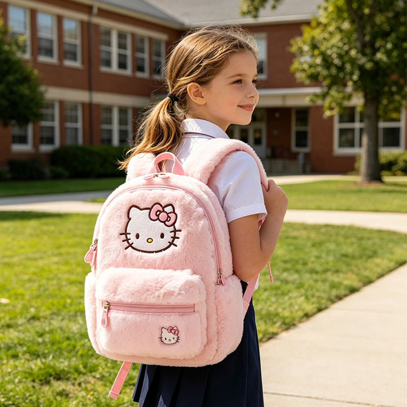 Mochila de pelúcia Hello Kitty para crianças para escola e viagem, mochila de cartoon fofa para meninas, presente ecológico para festivais