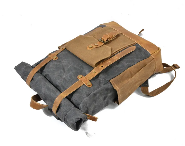 Mochila de viagem em lona à prova d'água com cor retro contrastante e cera, com grande capacidade