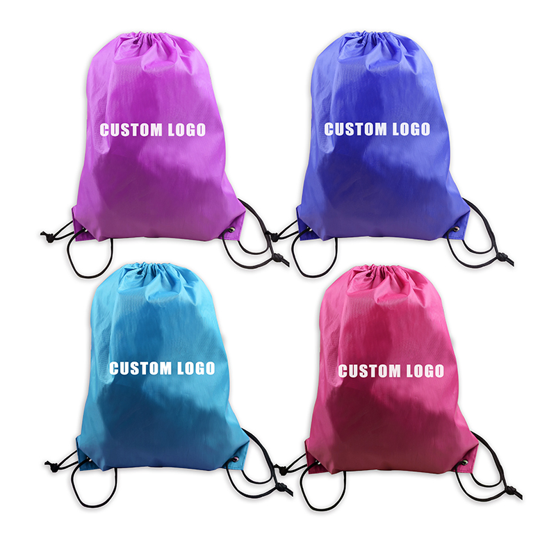 Mochila de cordão de poliéster impermeável promocional, sacos de cordão para esportes com logotipo personalizado