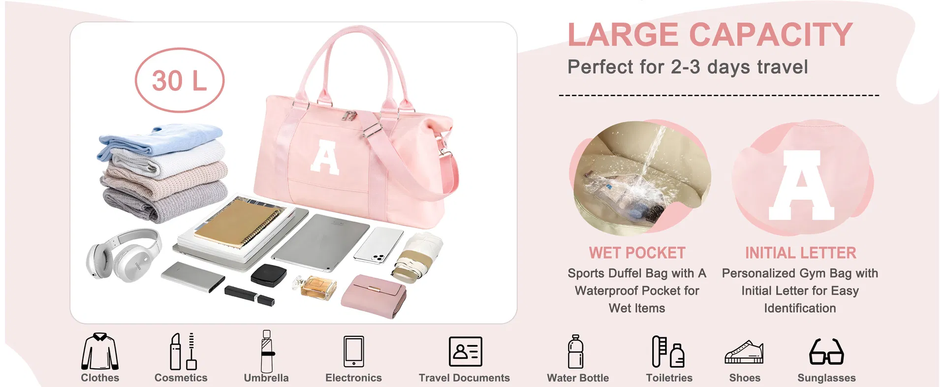 Bolsa de Viagem Inicial Fashionável, Bolsa de Esporte, Bolsa de Ginásio para Mulheres