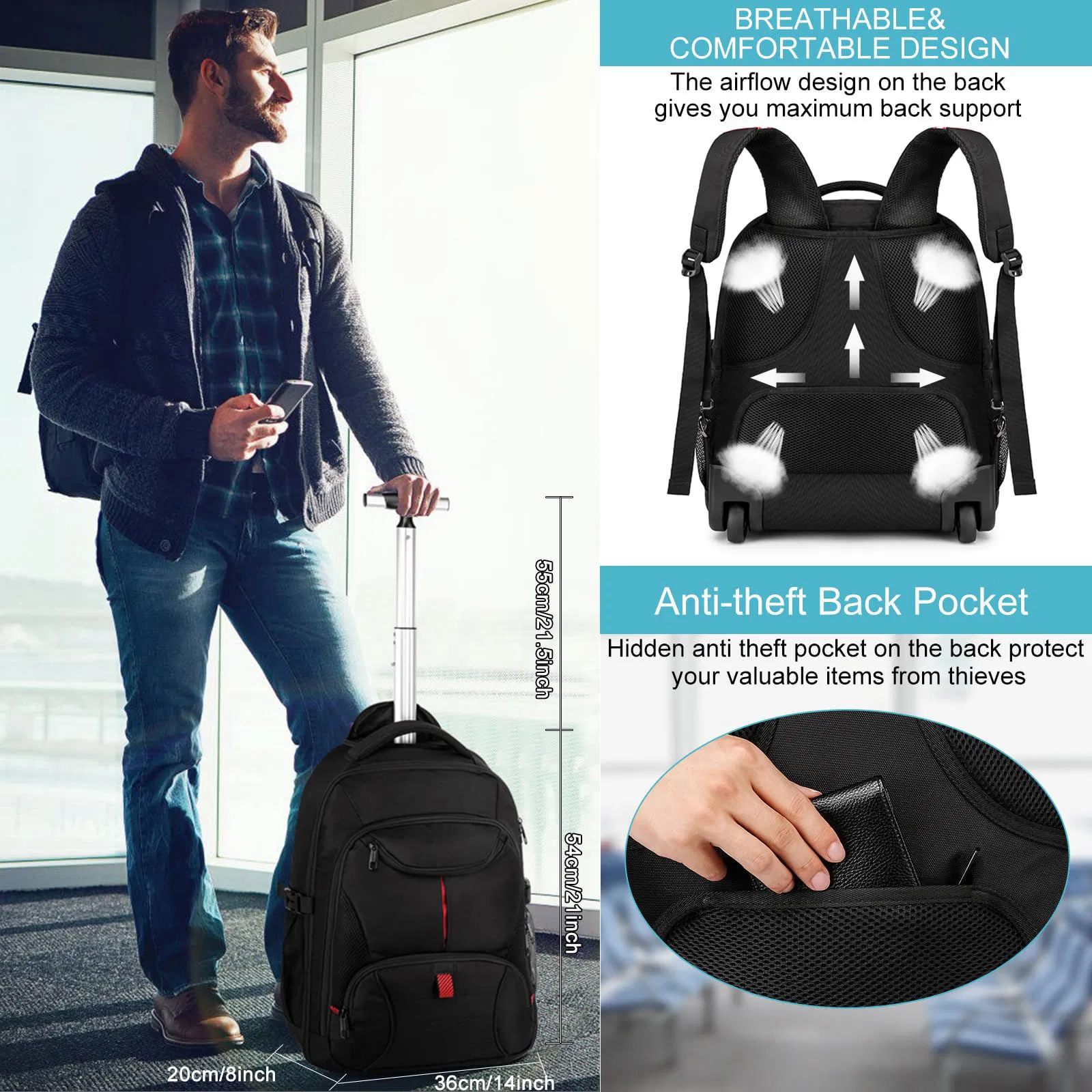 Mochila de viagem com rodas à prova d'água para laptop, bagagem de mão, mala de trolley