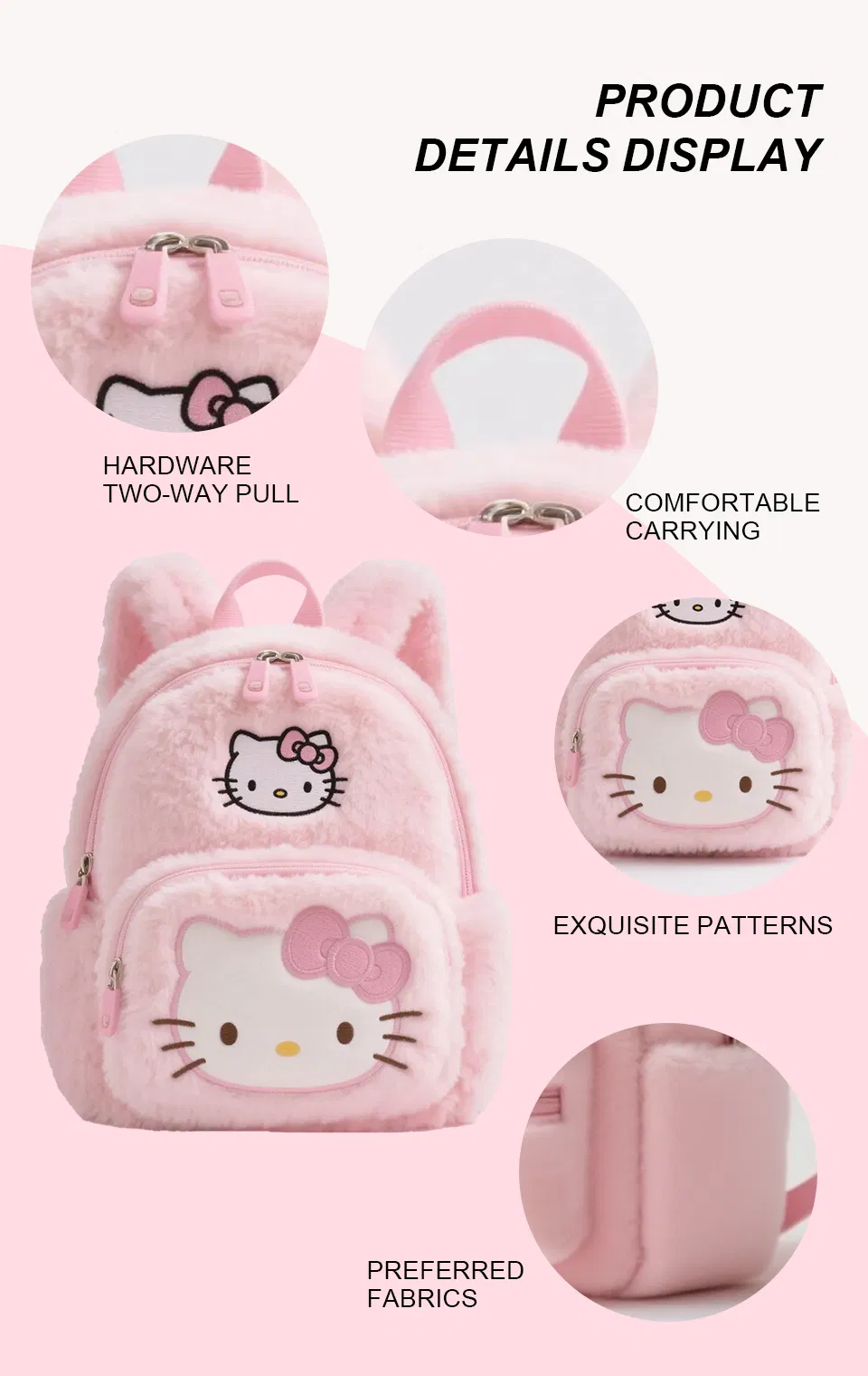 Mochila de pelúcia Hello Kitty para crianças para escola e viagem, mochila de cartoon fofa para meninas, presente ecológico para festivais