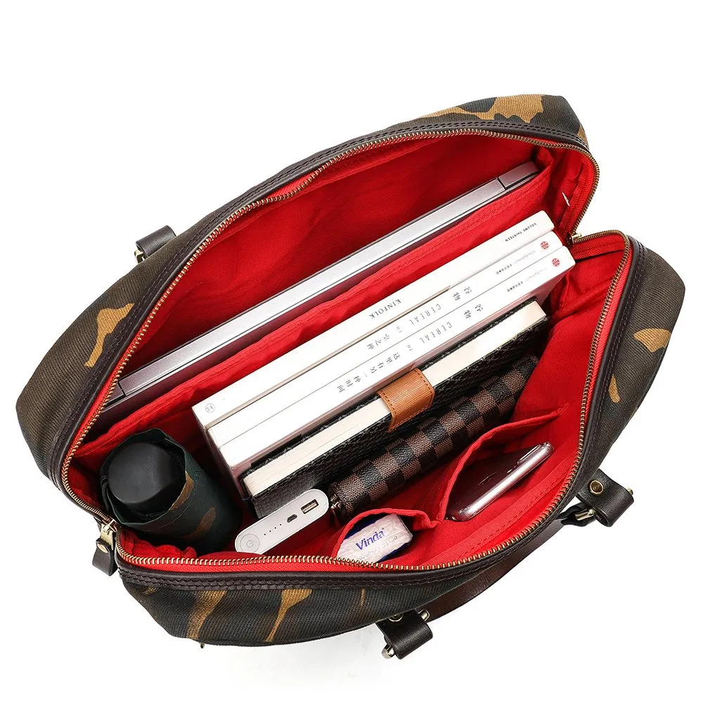 Bolsa de Laptop em Lona Camuflada à Prova d'Água com Couro Vegetal para Uso Externo, Bolsa de Ombro Masculina, Pasta (RSXY-593)