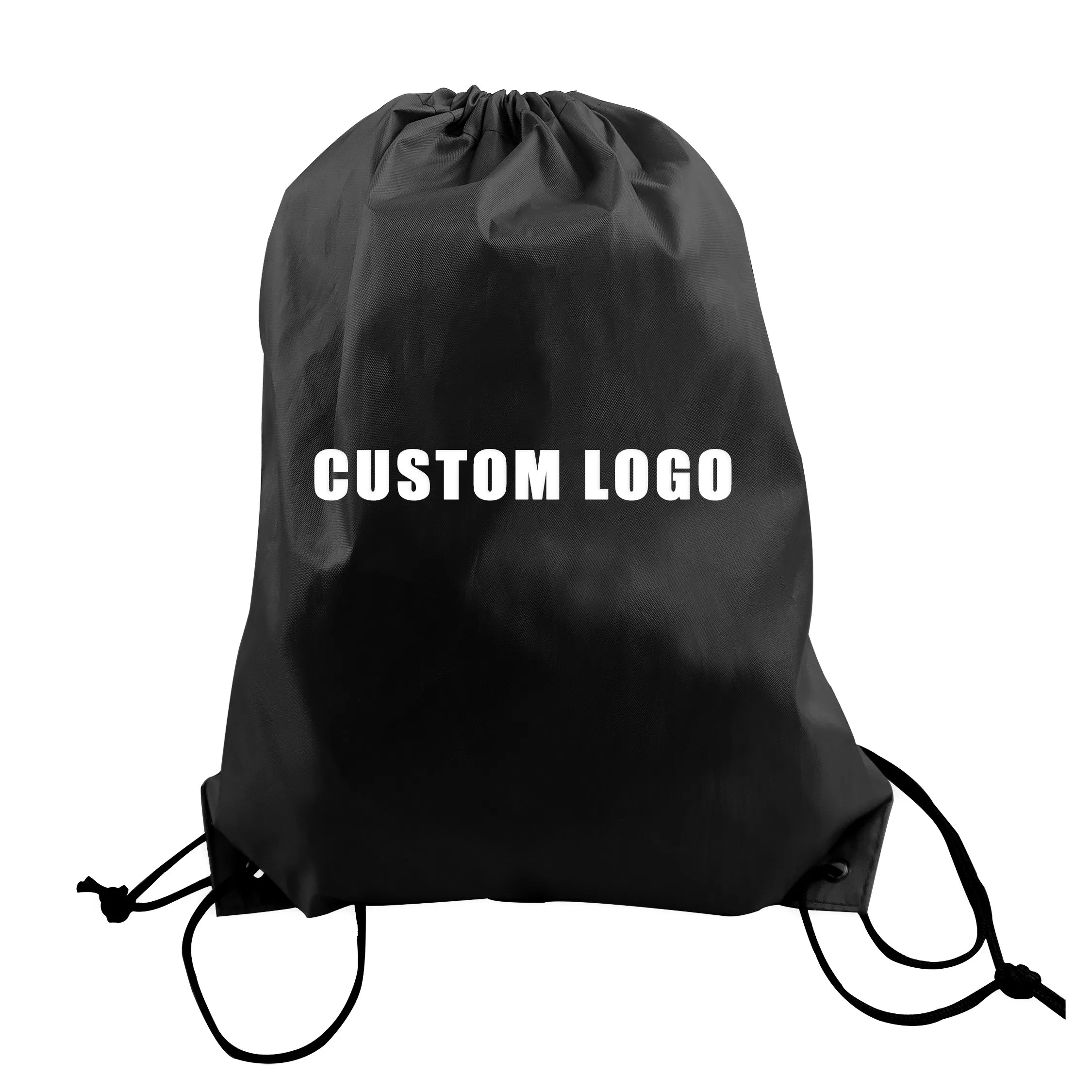 Mochila de cordão de poliéster impermeável promocional, sacos de cordão para esportes com logotipo personalizado