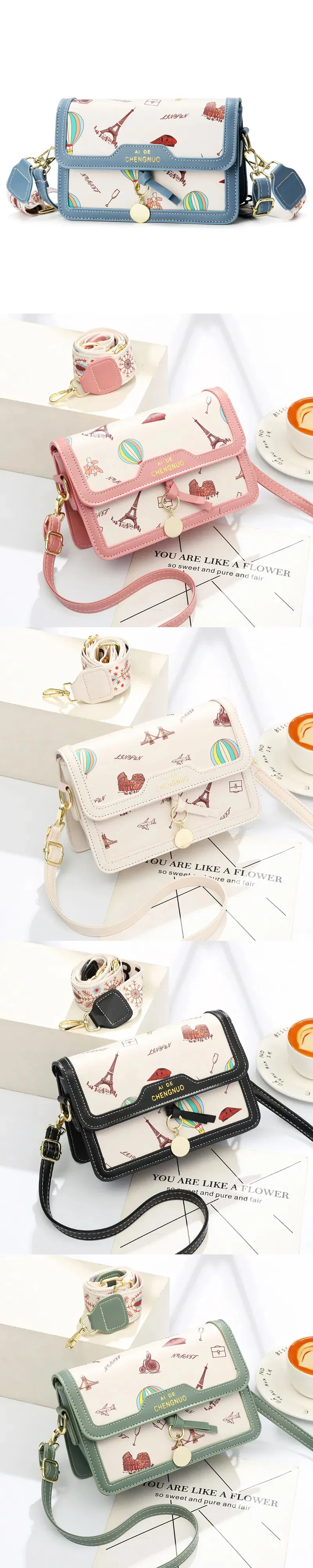 Bolsa de PU estampada com impressão total e acabamento em PU de cor sólida