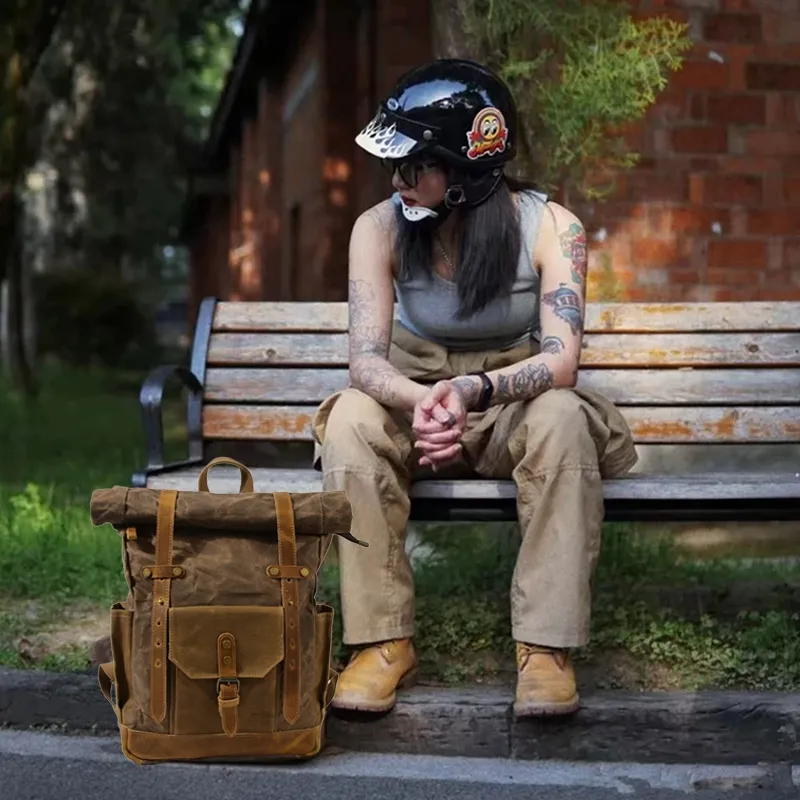 Mochila de viagem em lona à prova d'água com cor retro contrastante e cera, com grande capacidade