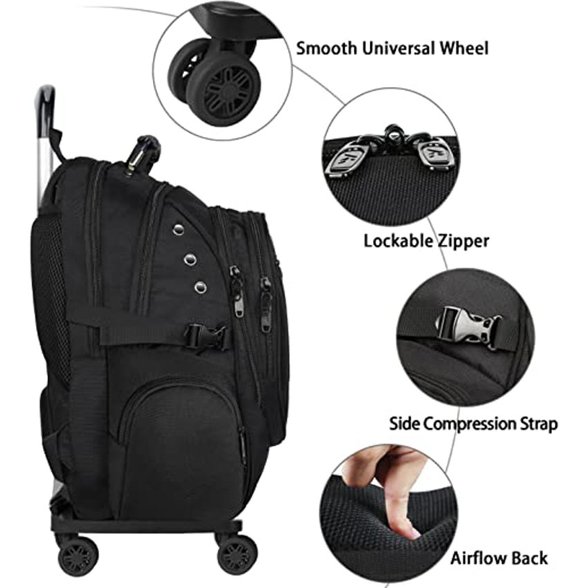 15.6 Mochila de Viagem com Rodas de Polegadas para Laptop, Mochila de Negócios para Homens, Bolsa Rolante Preta