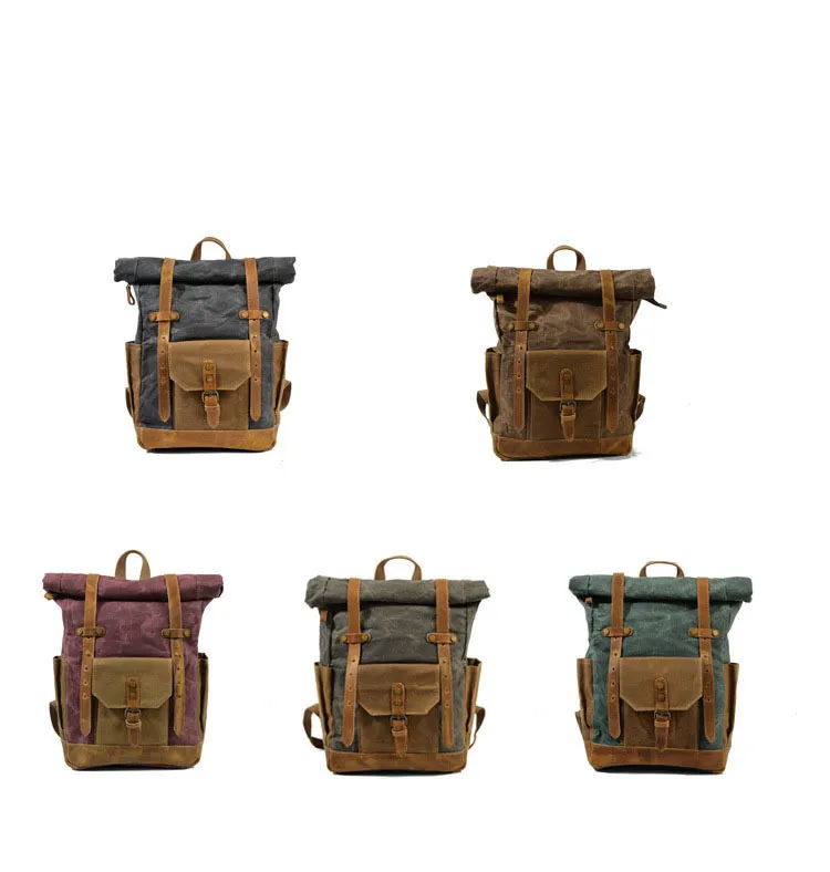 Mochila de viagem em lona à prova d'água com cor retro contrastante e cera, com grande capacidade