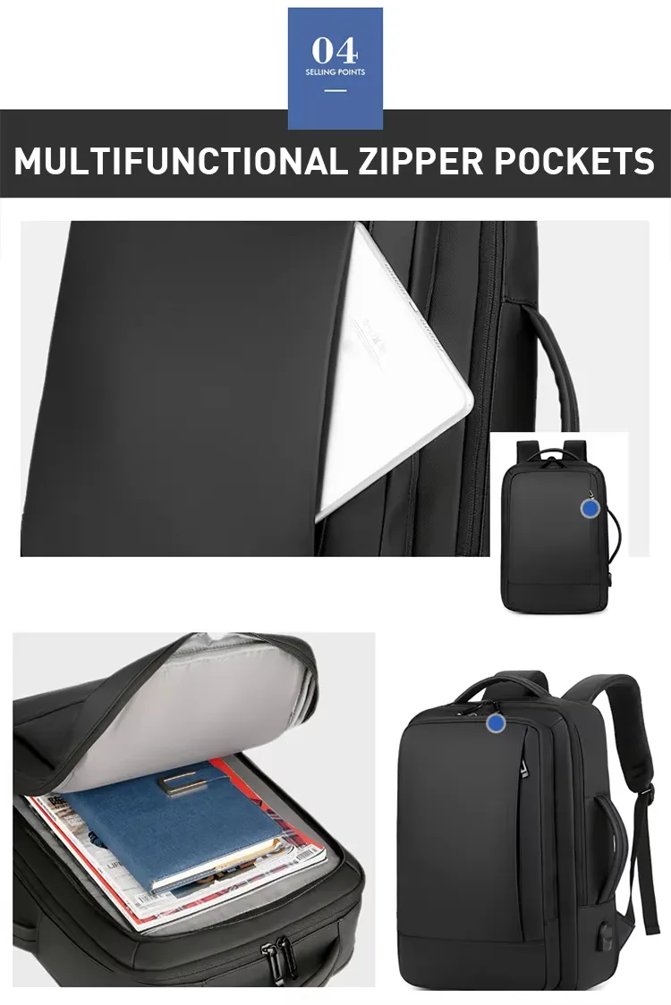 Mochila moderna expansível à prova d'água de grande capacidade com carregamento USB para homens