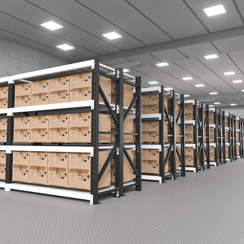 Black & White Medium Duty Industrial Steel Display Rack with Adjustable Shelves for Warehouse Storage