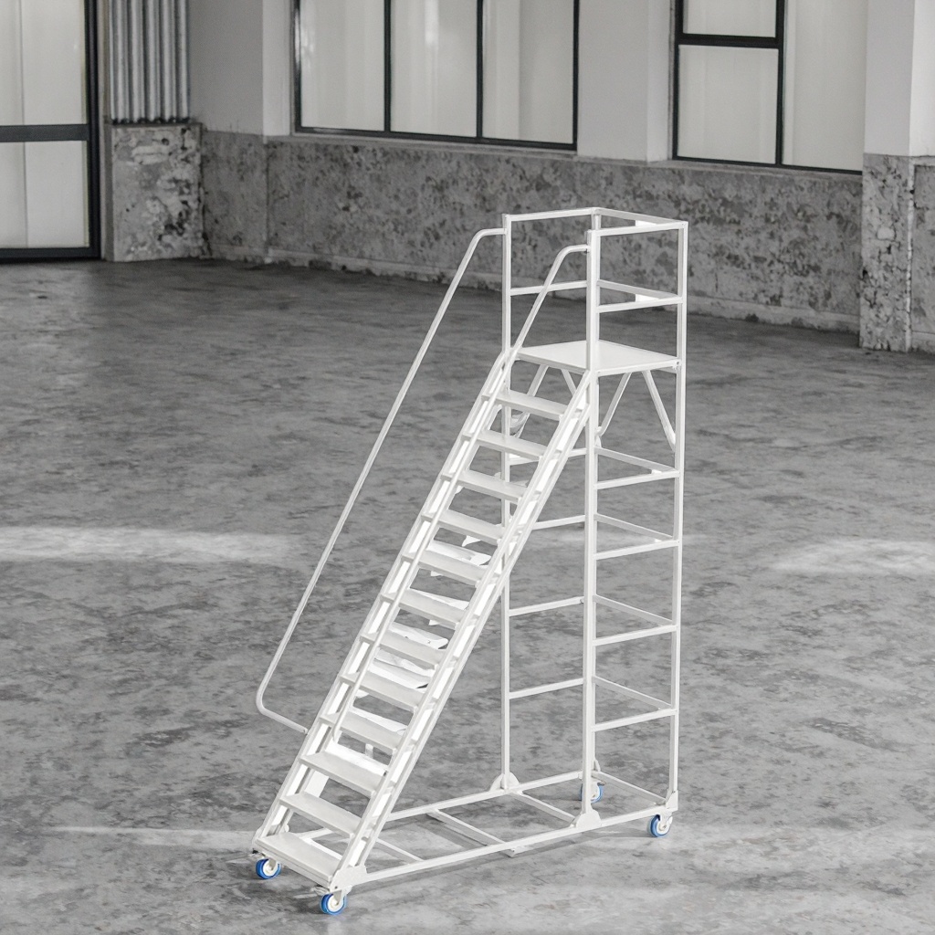Factory Wholesale Lightweight Steel Warehouse Step Ladder with Wheels and Hand Grip for Cargo & Storage Equipment