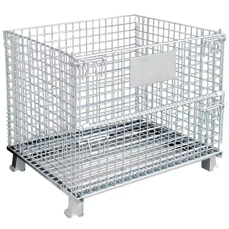 Wire Mesh Container Cage Warehouse Heavy Duty Stacking Folding Metal Galvanized Steel Mesh Cage Storage Pallet Boxes With Wheel