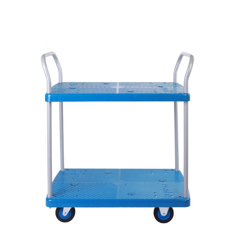 Four-Wheel Trolley Hand Cart Strong Plastic Guardrail Double Platform Warehouse Trolley Material Handling Features for Tools