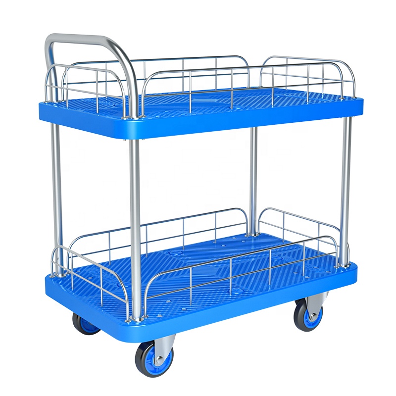 Four-Wheel Trolley Hand Cart Strong Plastic Guardrail Double Platform Warehouse Trolley Material Handling Features for Tools