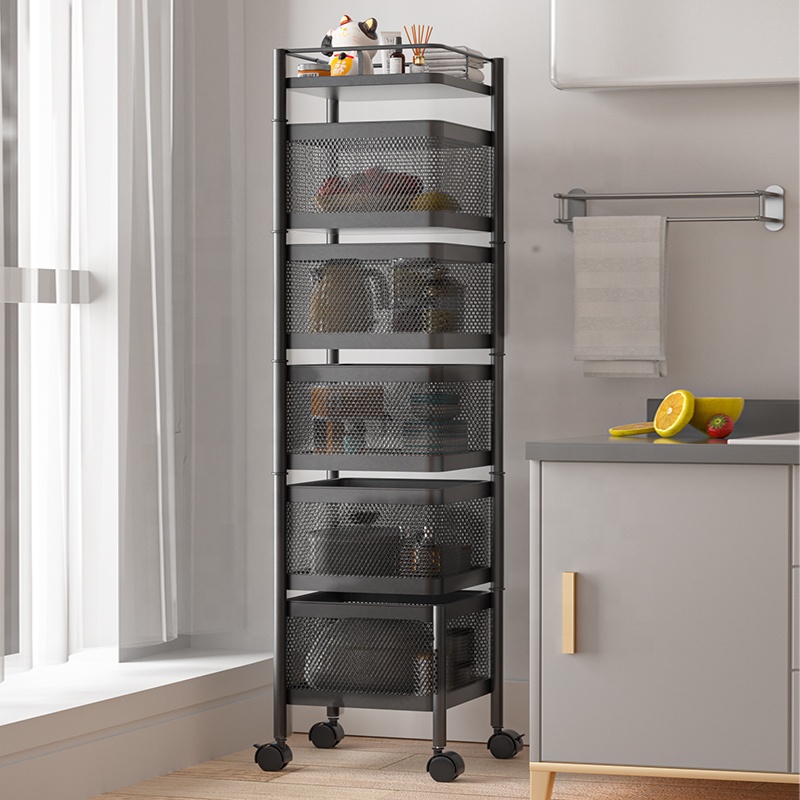 Kitchen Storage Rotatable Shelf 2 3 4 5 Layer Rotating Practical Trolley Kitchen Square Shelf With Wheel Storage Rack
