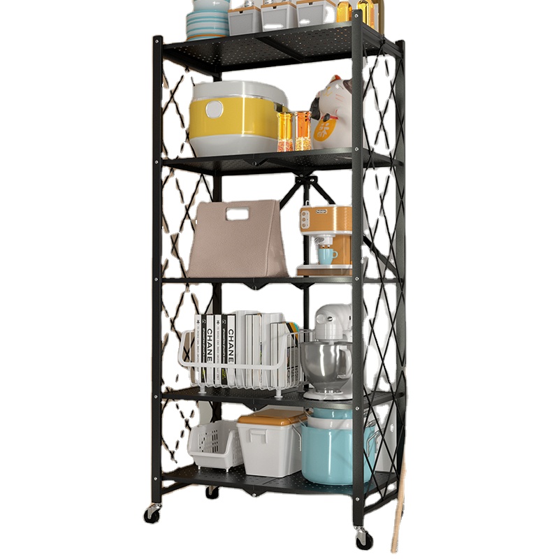 Collapsible Foldable Wire Shelving Storage Shelves Wheels-3-Tier Multi-functional Organizer for Kitchen Living Room Tools