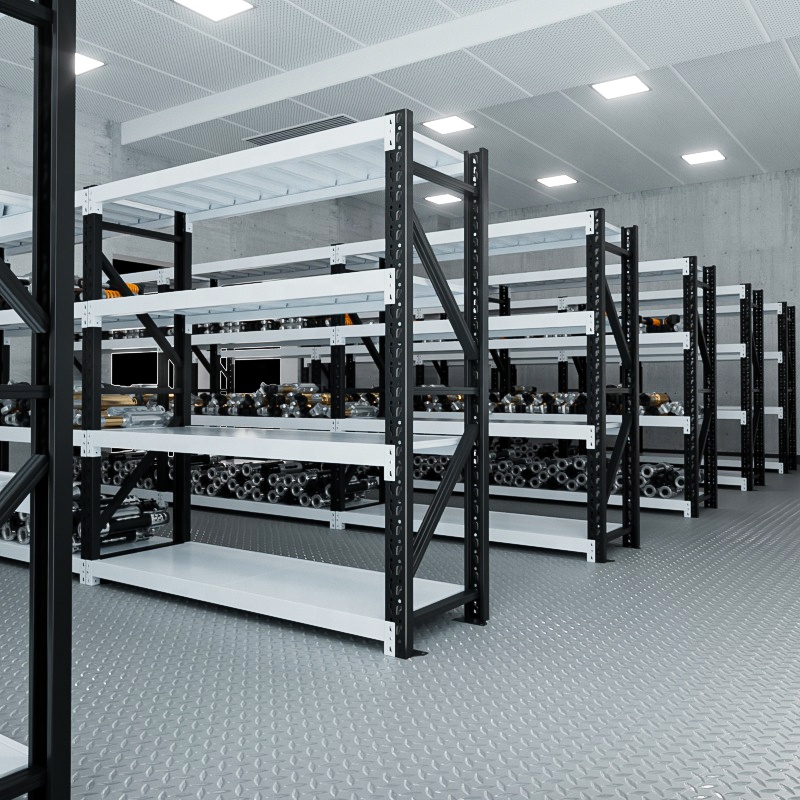 Black & White Medium Duty Industrial Steel Display Rack with Adjustable Shelves for Warehouse Storage