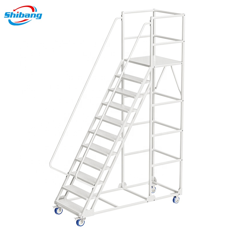 Rolling 6/7/9/11 Steps Ladder with Edge Protector Metal Industrial & Warehouse Step Ladder with Rolling Wheels