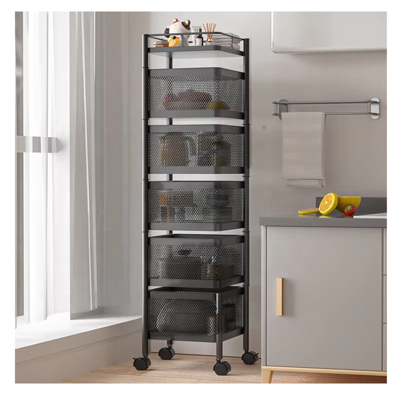 Kitchen Rotating Shelf Multi-tiers Basket Fruit Vegetable Storage Metal Rack with Wheels