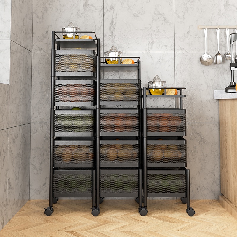 Customize Rotating Kitchen Shelf for Fruit Vegetable Floor 5-layer Household Storage Rack Black Square Fruit Trolley