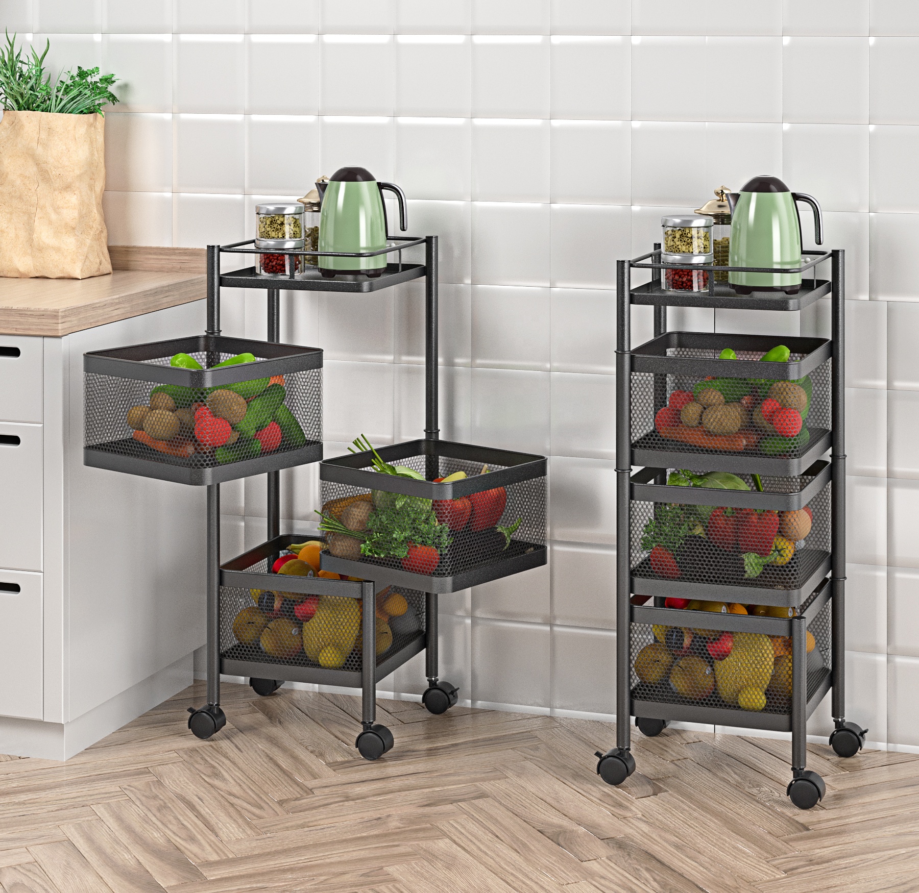 Kitchen Rotating Shelf Multi-tiers Basket Fruit Vegetable Storage Metal Rack with Wheels